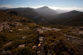 The two lakes below knife peak are in the middle ground while the flat top of La Perouse dominates the skyline.